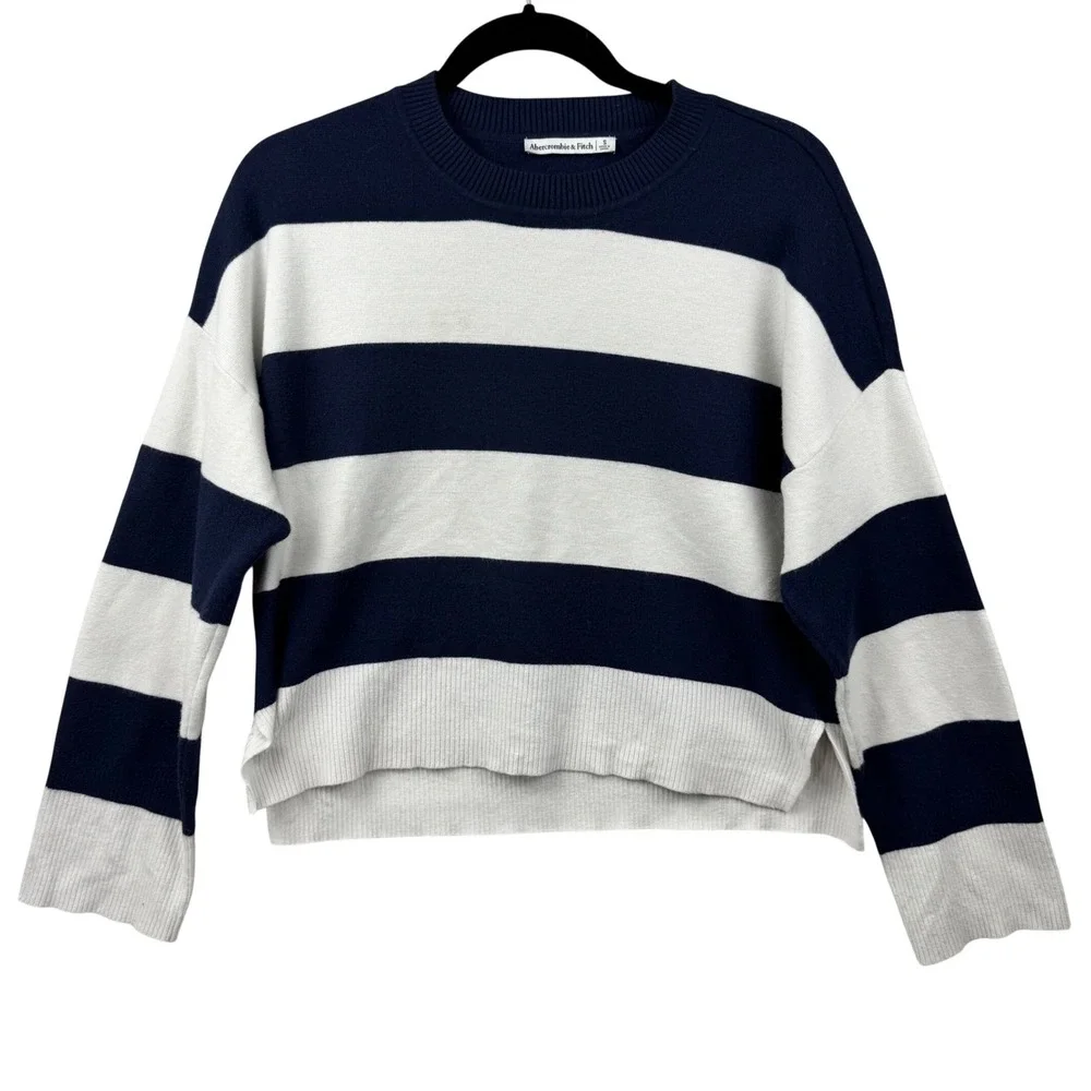 Abercrombie & Fitch Striped Sweater Womens Small Navy White Cropped Nautical - Picture 2 of 13